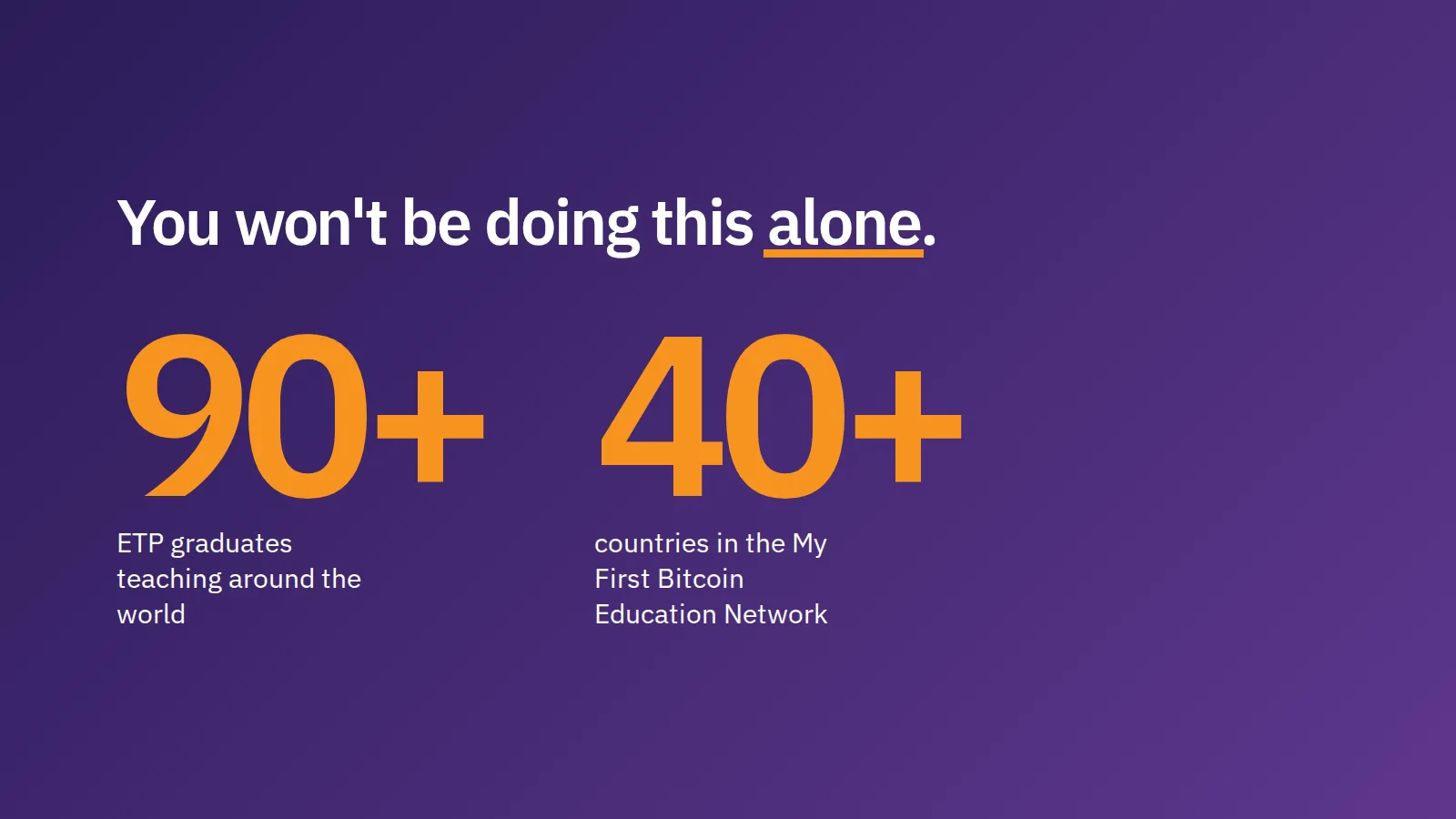 You won't be doing this alone. 90+. ETP graduates teaching around the world. 40+. countries in the My First Bitcoin Education Network.